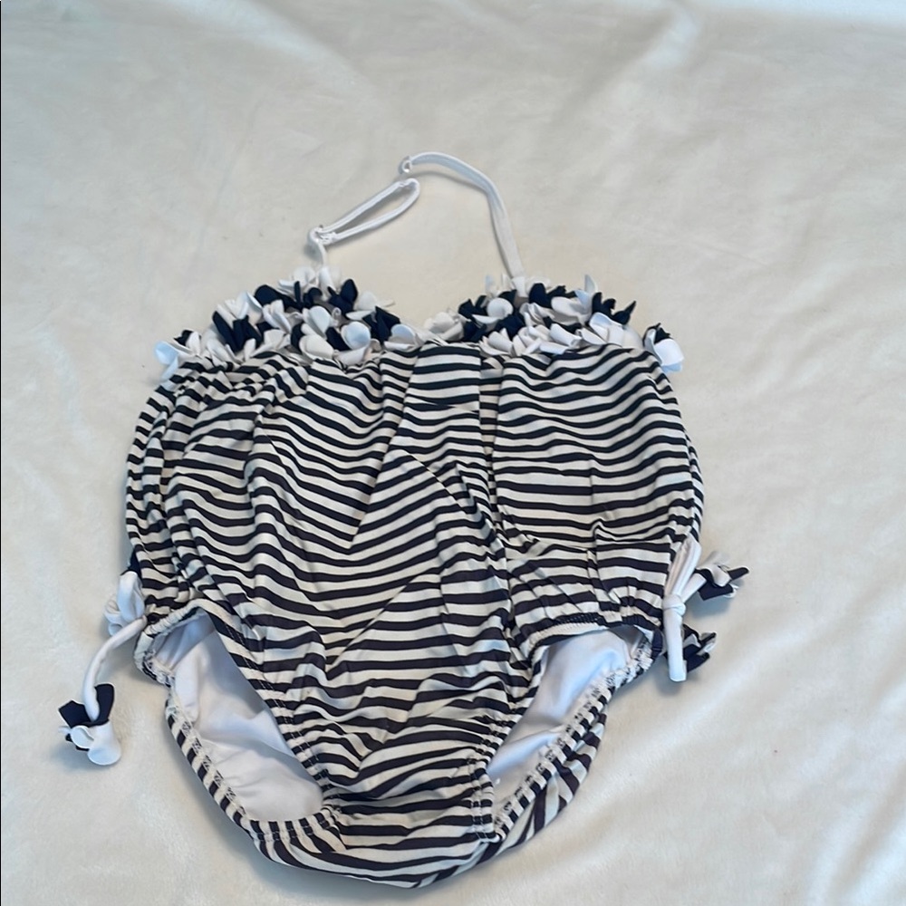 Kate Mack Navy and White Striped Swimsuit with Floral Details
